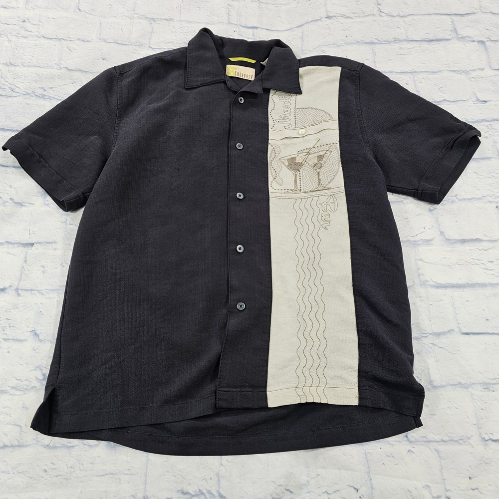 Cubavera Button Down Mens S Black Martini Bar Embroidered Retro Camp Shirt